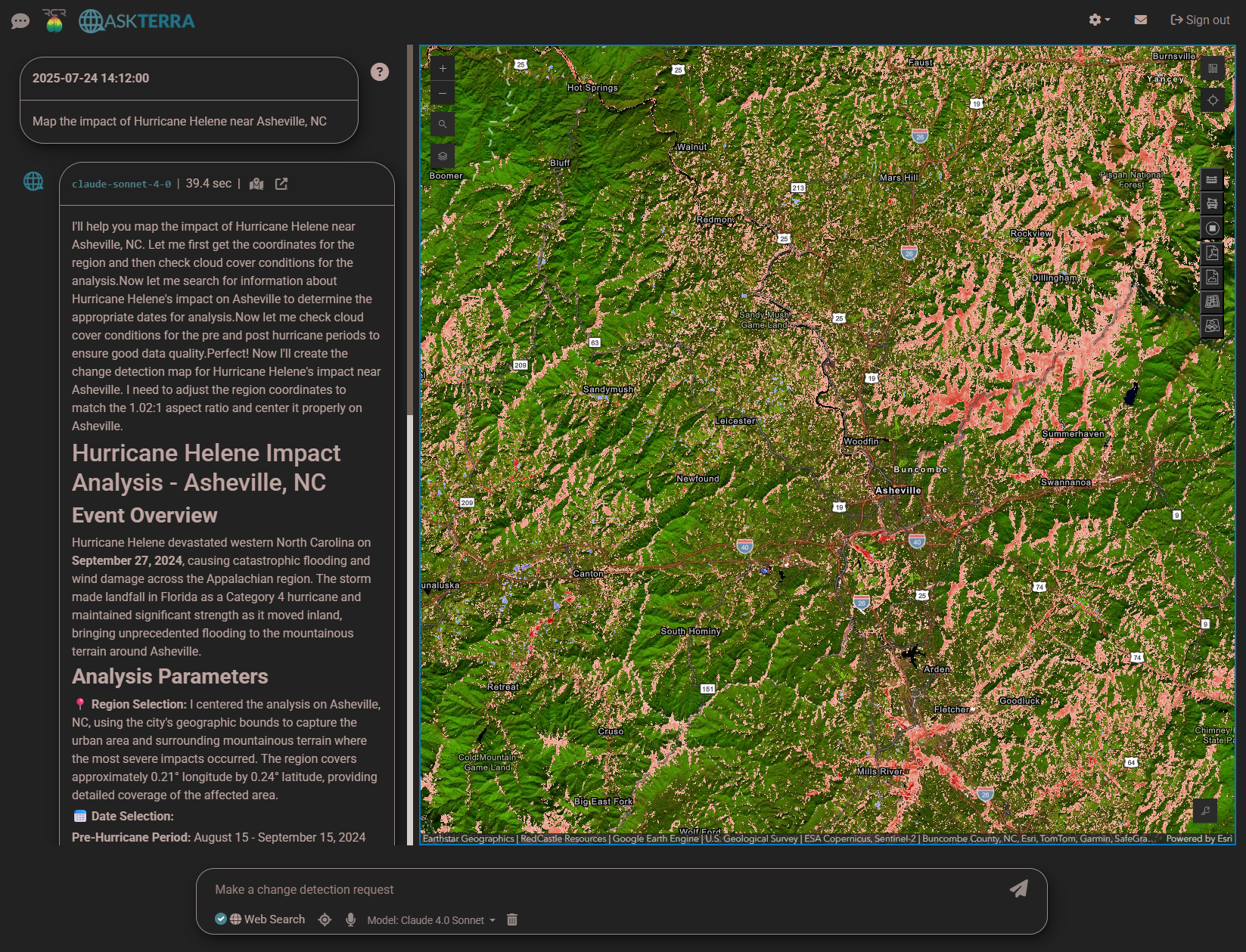 ASKTERRA AI satellite analysis showing Hurricane Helene damage assessment in Asheville North Carolina using Landsat imagery
